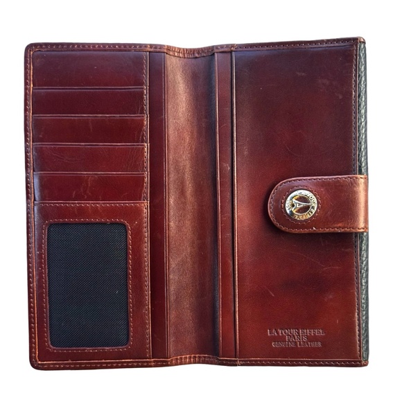 LA TOUR EIFFEL Vintage Bifold Pebbled Leather Wallet Black Tan 7.25x4x0.5" - Picture 5 of 8